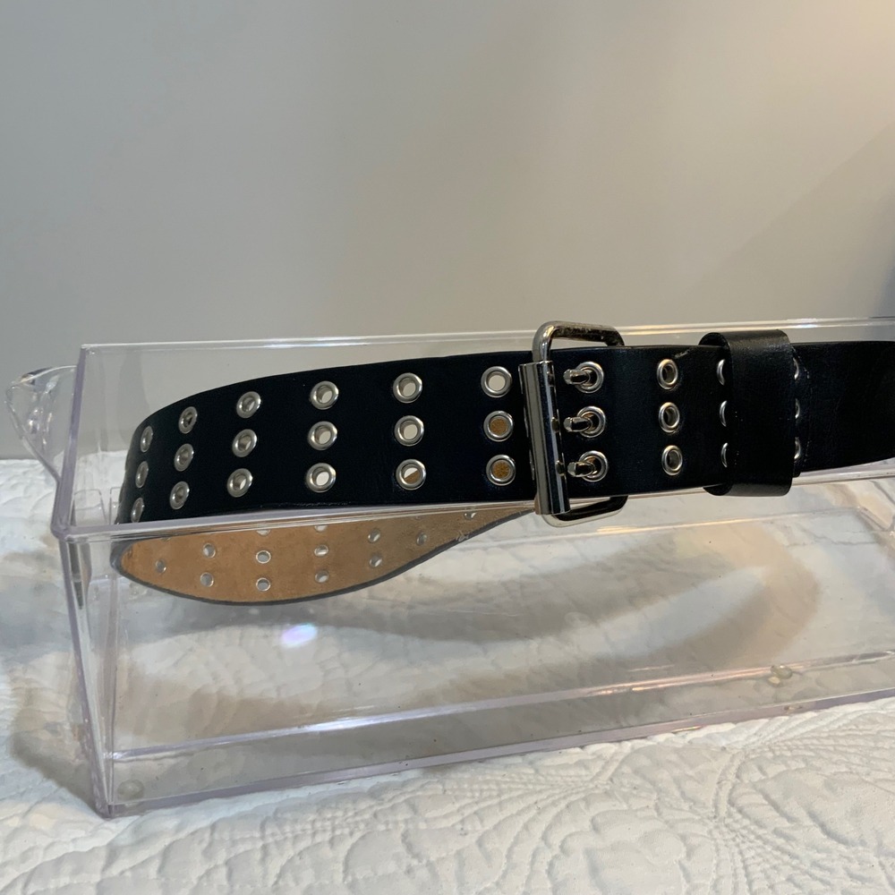 Stylish Black Genuine Leather Belt with Silver Buckle Grommet Unique - Picture 2 of 12
